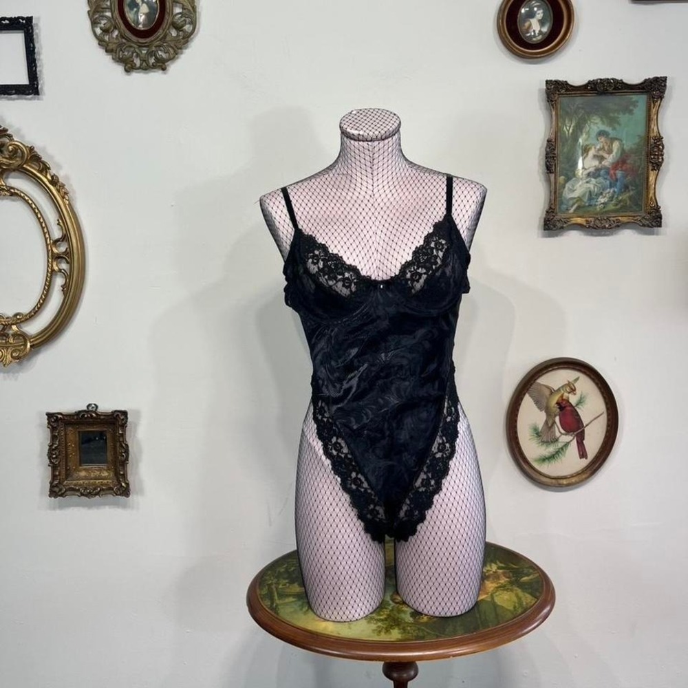 Vintage Black Lace Bodysuit One Piece – Sheer Lingerie Style (Size M)